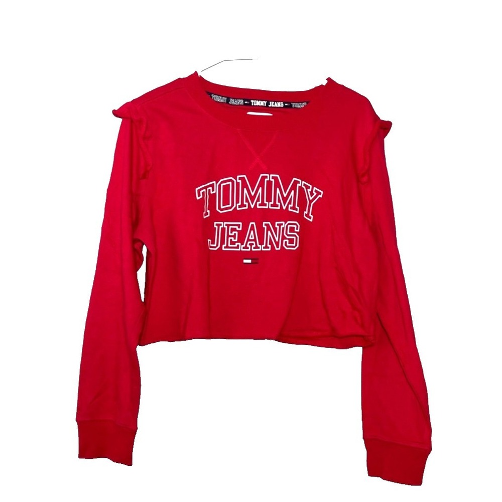Tommy Hilfiger Jeans Cropped Top Women's Large Red Graphic Logo Ruffle Shoulder